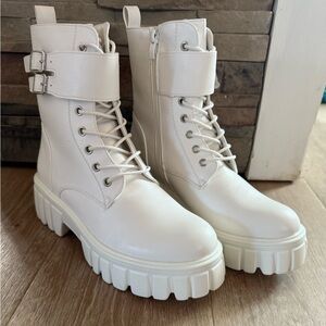 Dolls Kill White Combat Moto Boots with Chunky Sole